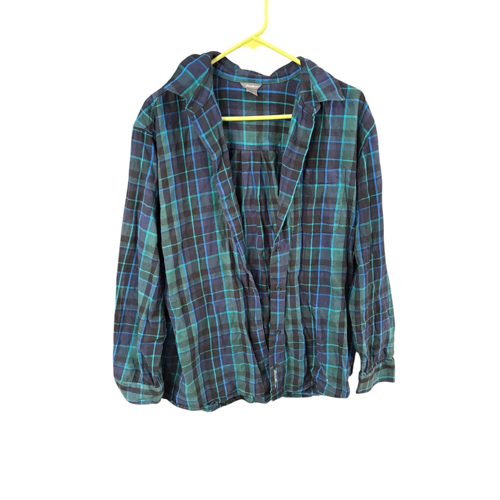 Eddie Bauer Womens Tall Large TL Flannel Plaid Button Down Shirt Blue Green Navy